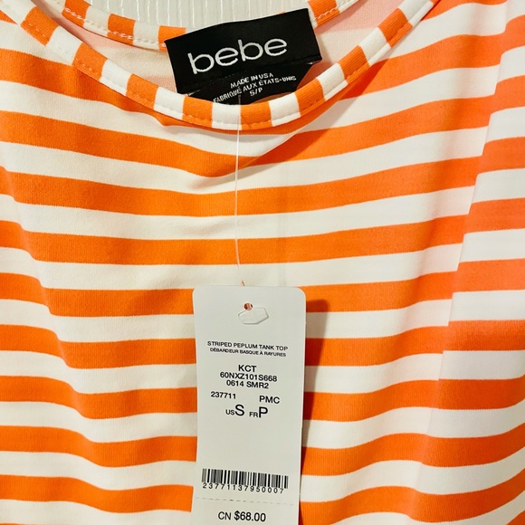 NWOT BEBE Orange&White Stripes Peplum Tank Top S/P - Picture 3 of 6